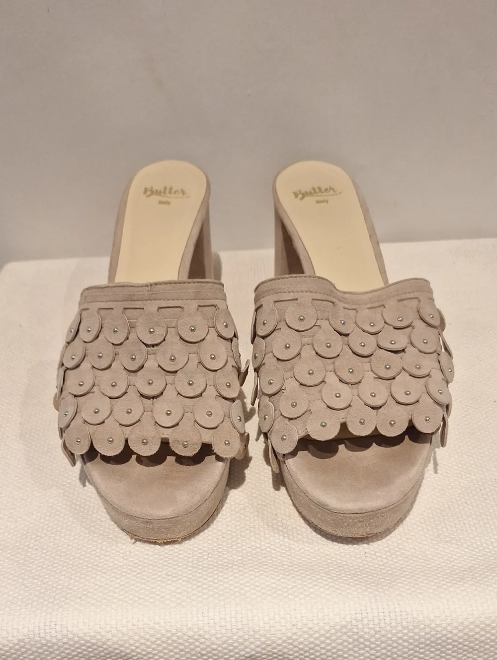 Butter Beige Suede Scallop Petal Platform Mules - Picture 3 of 8